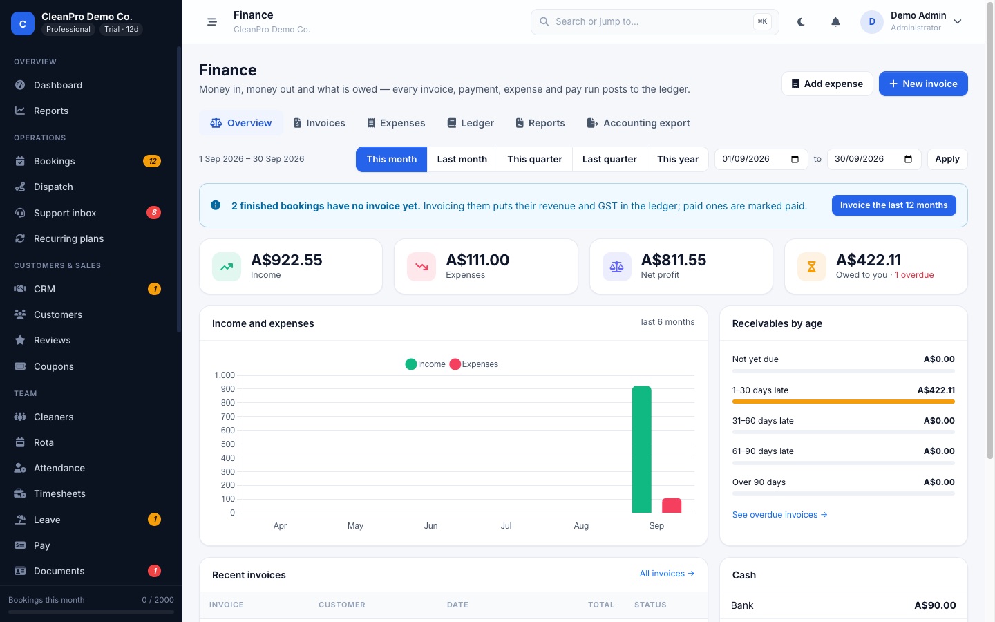 Finance: Invoices, expenses and a real ledger — P&L and GST/VAT without a spreadsheet.