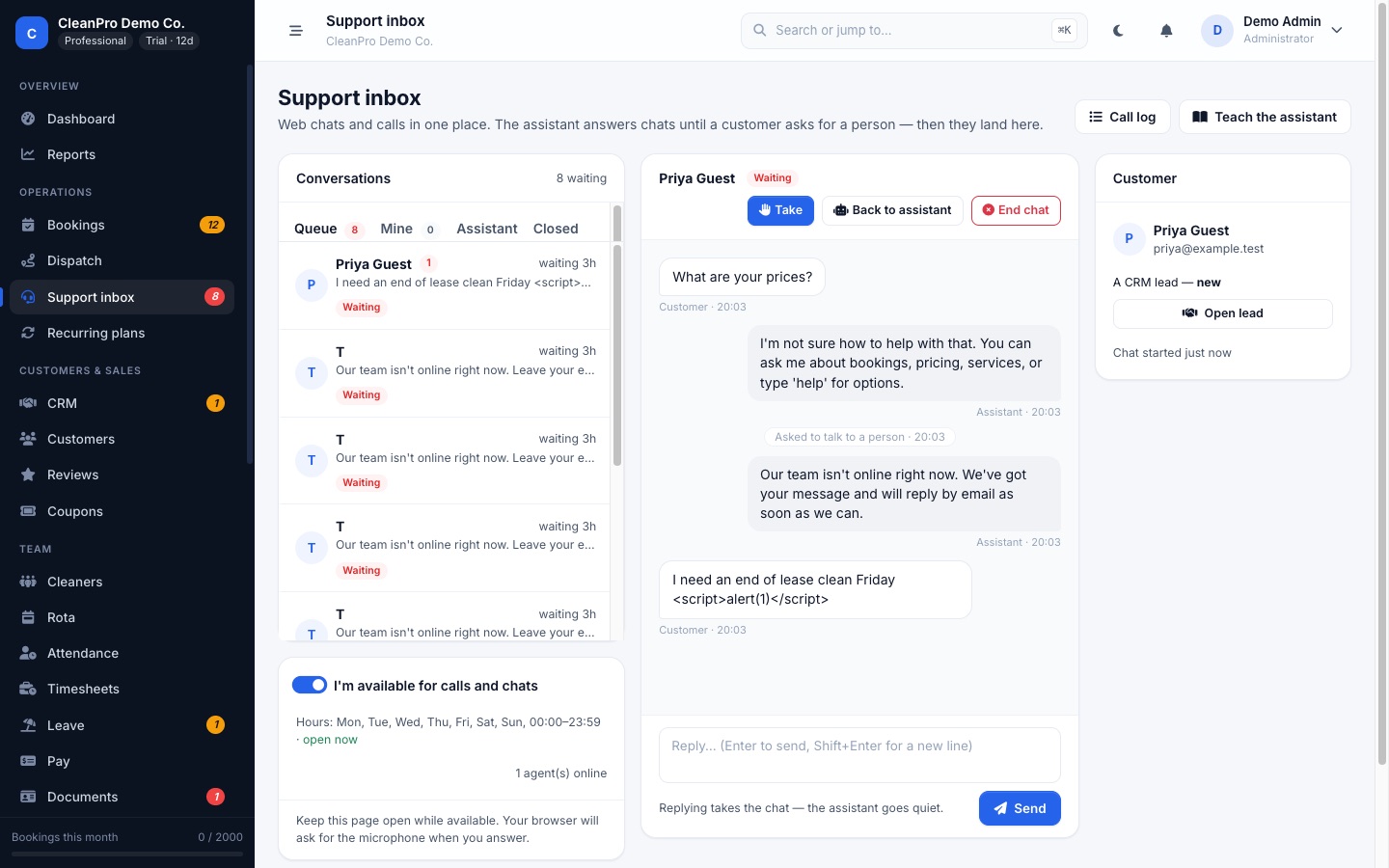 Support inbox: Chats and calls together. The assistant handles the easy ones and hands the rest to you.
