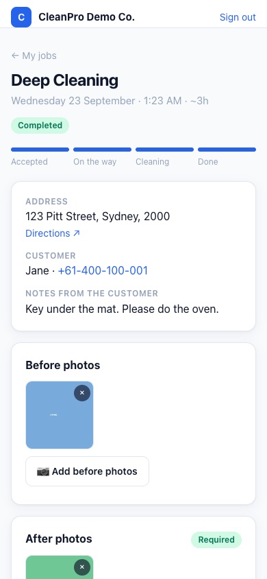 A cleaner's job on a phone: address, notes and before/after photos