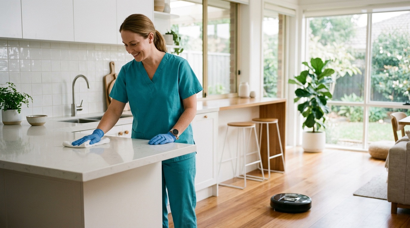 A cleaner wiping a kitchen bench while a robot vacuum cleans the floor