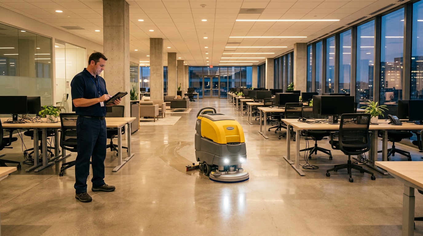 A robot floor scrubber cleaning an office while a supervisor checks a tablet